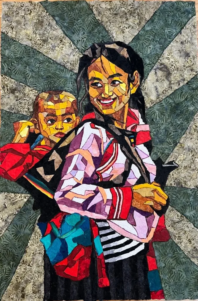 Painting of a woman with a child in a backpack on her back by Mihira Karra
