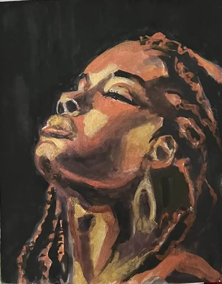 Painting of a woman with her head turned back by Mihira Karra