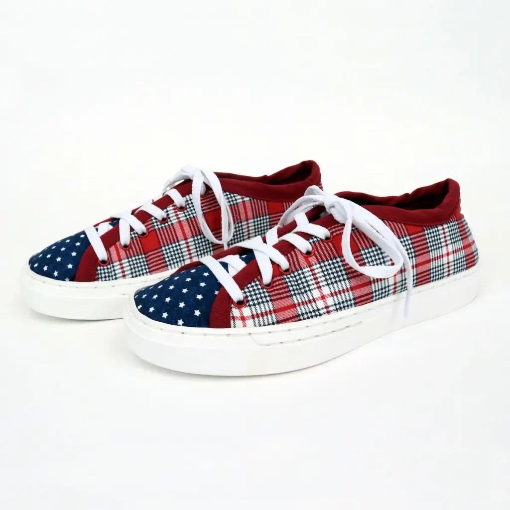 Plaid and star fabric custom shoes by Natalie Buxkemper
