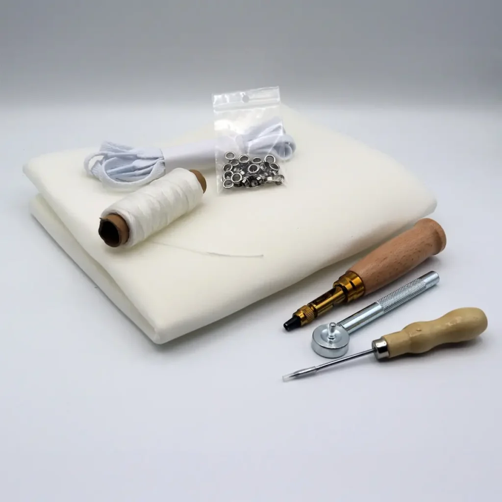 Showing the tools and supplies needed to make custom patchwork shoes by Natalie Buxkemper