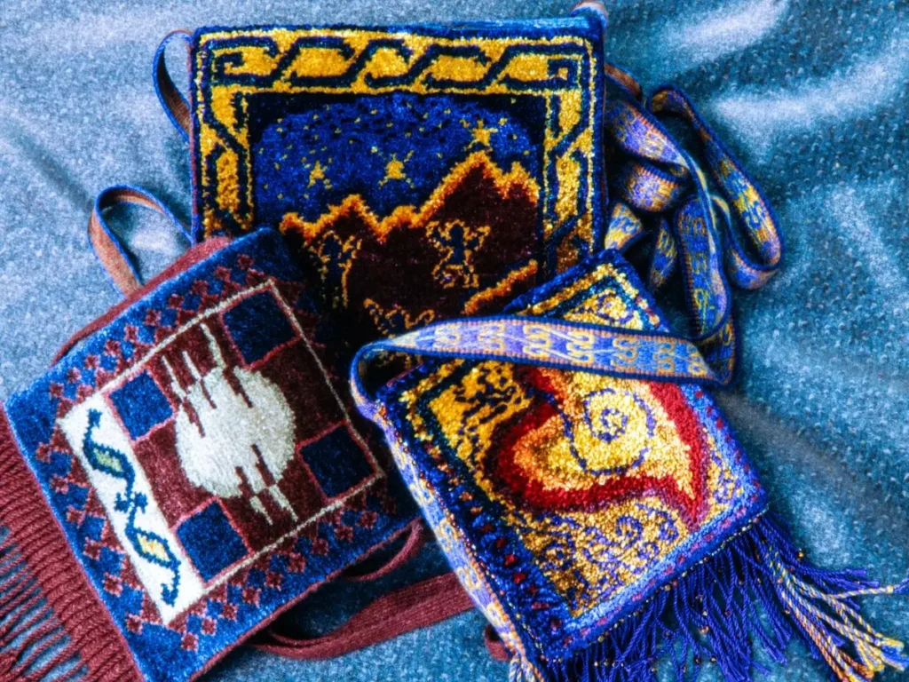 Set of three knotted pile bags made by Sara Lamb