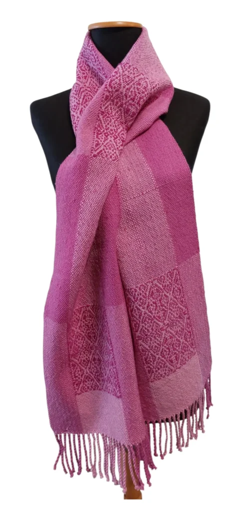Pink and white woven scarf by Vanina Bujalter