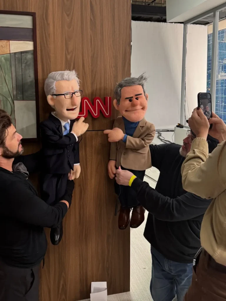 Likeness custom puppets of Anderson Cooper and Andy Cohen in CNN office