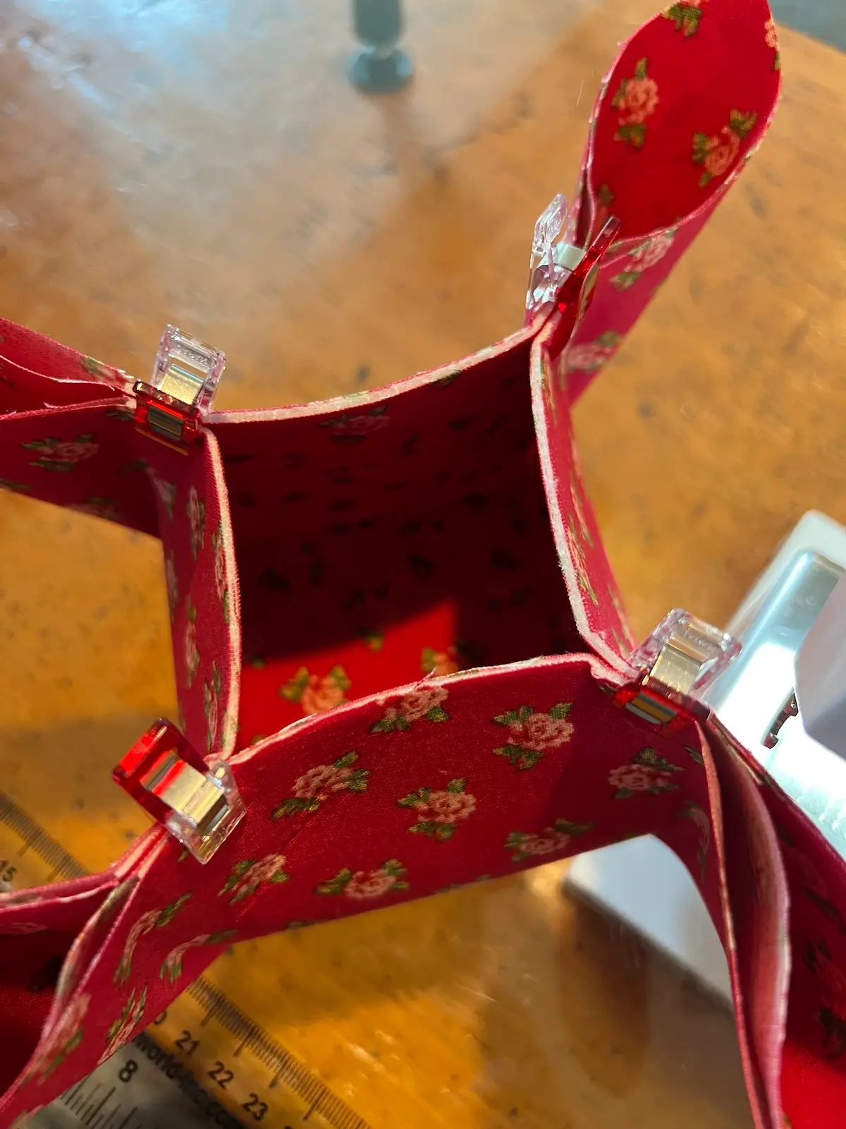 Fabric box bottom clipped and ready to sew