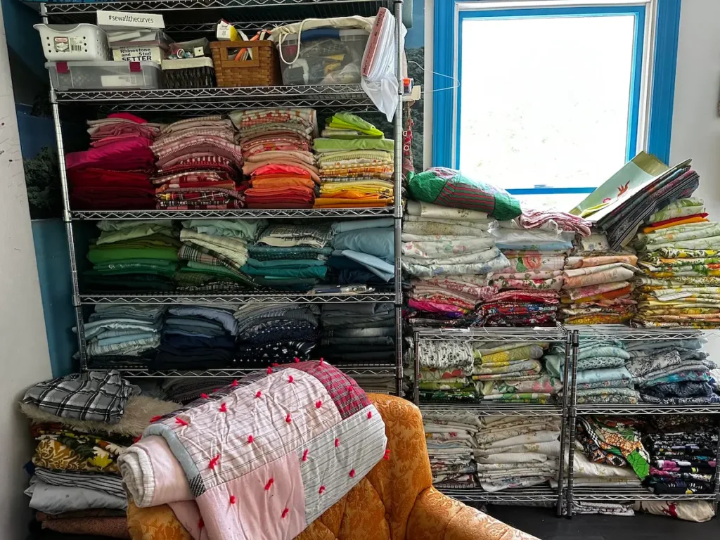 Jessica Wohl studio showing her fabric stash