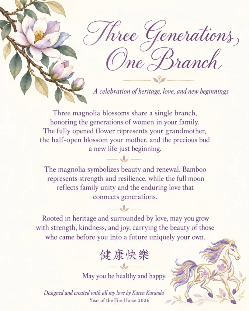 Label for the quilt Three Generations One Branch by Karen Kuranda