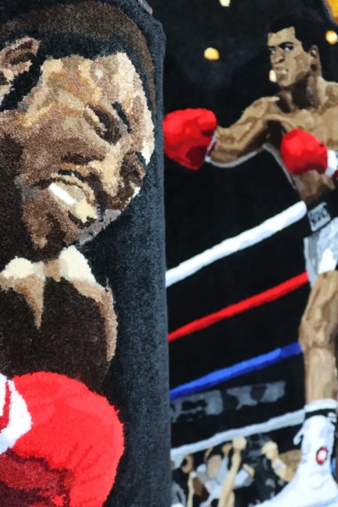 Close up of Mohammed Ali fiber art by Kid Kardiac