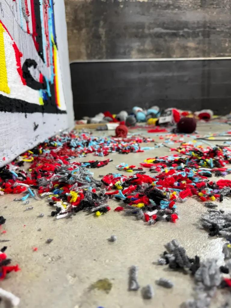 Bits of yarn on the floor in Kid Kardiac studio