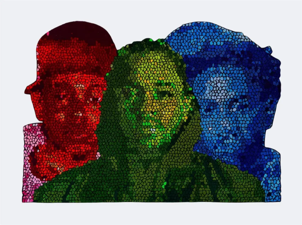 Three men in red, green and blue fiber art by Kid Kardiac