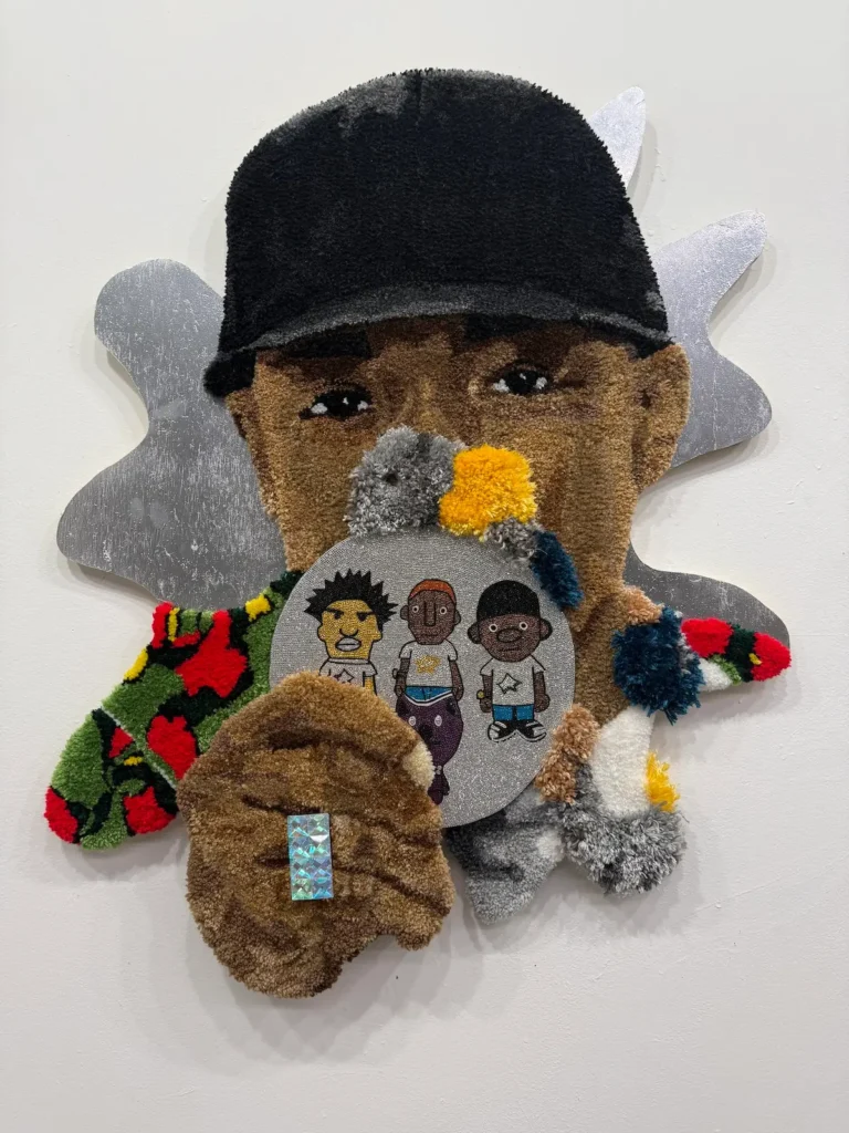 Rug tufted and beaded fiber art by Kid Kardiac