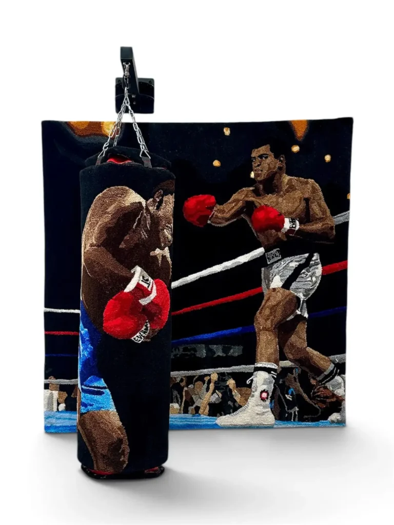 Muhammad Ali rug tufting fiber art by Kid Kardiac