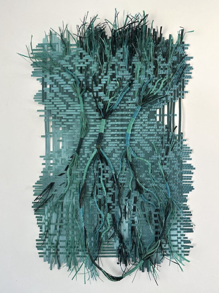Roots and Stone in Teal fiber art weaving by Libby Raab