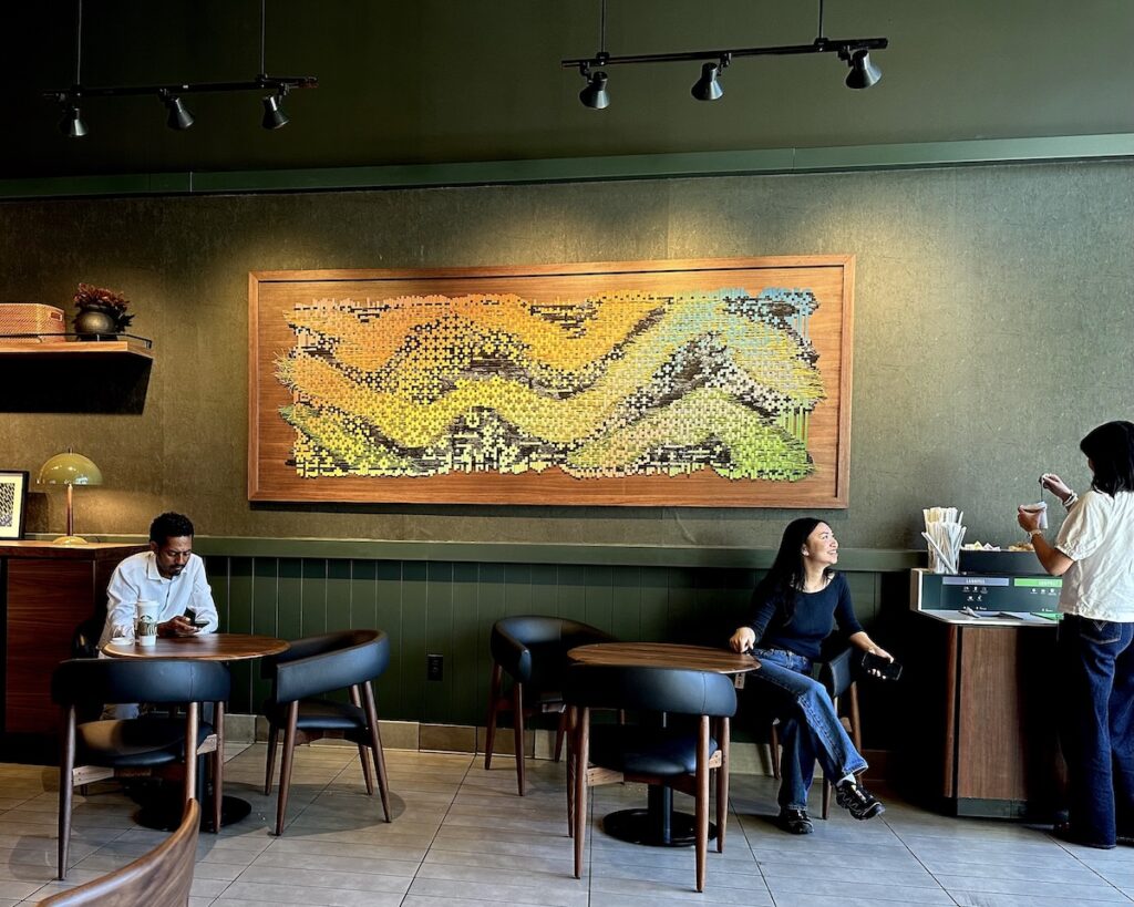 Starbucks Santana Row fiber art weaving by Libby Raab