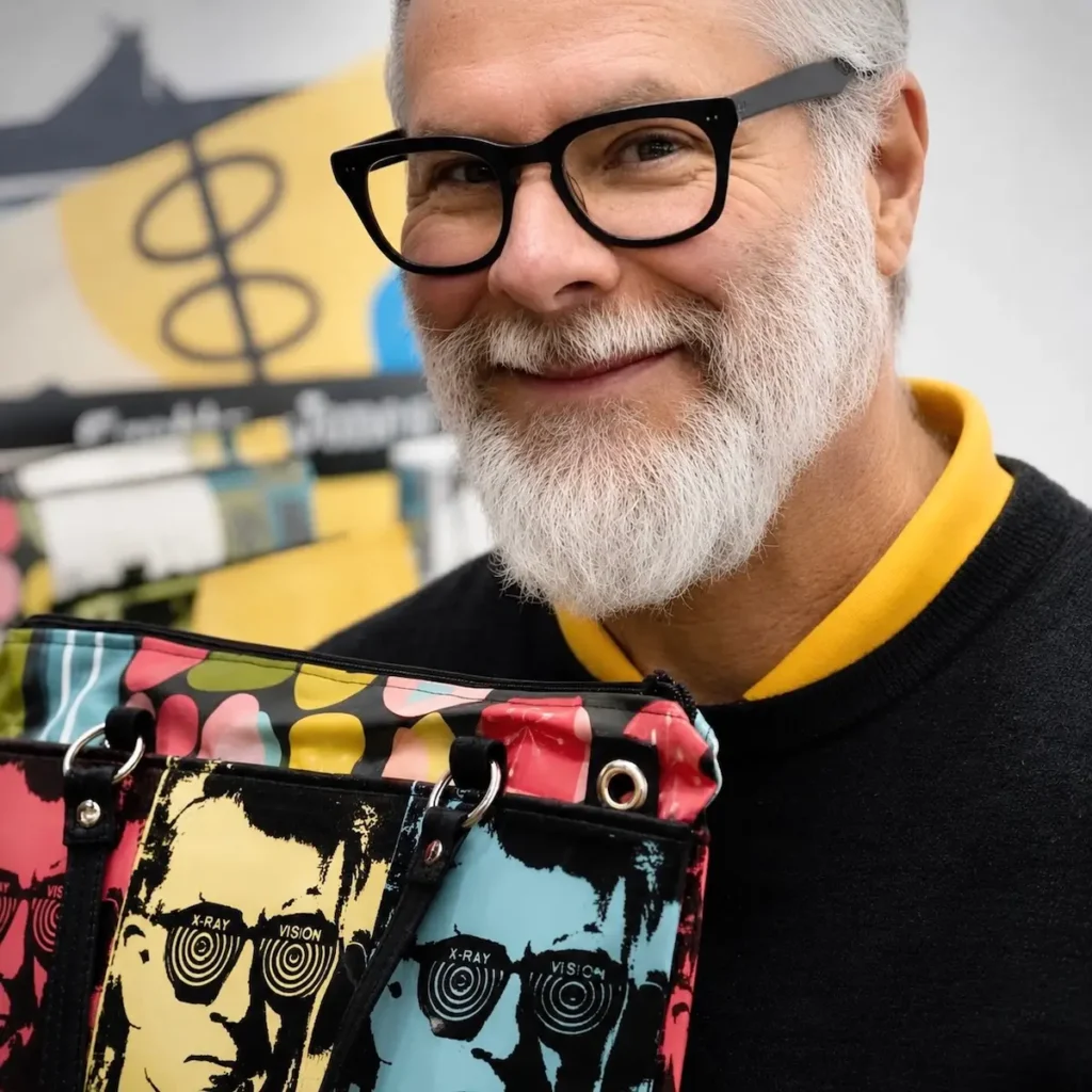 Scotty Jones holding a bag he made with a man with xray glasses